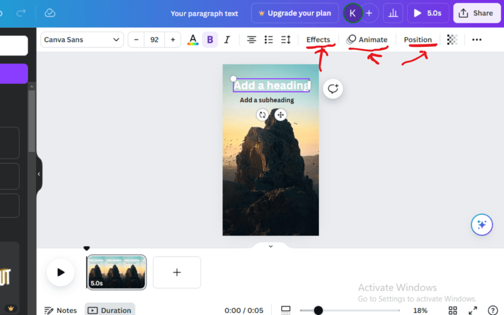 this image is to shows effect, animation, position, in canva that are used to create quiz video on canva