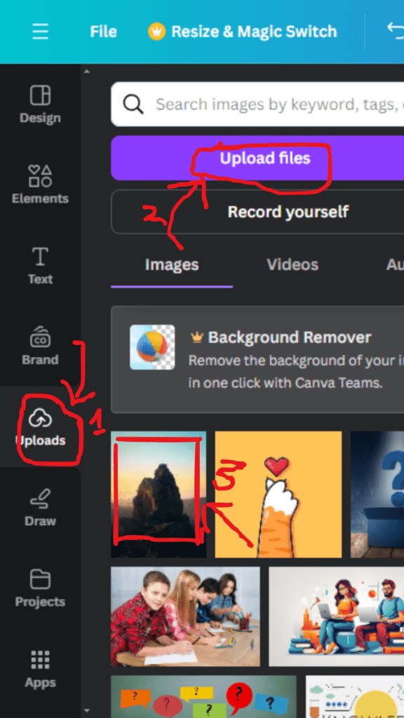 this is the first image shows how to upload image on canva. that are used to create quiz video on canva